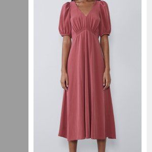 ZARA Flared V-Neck Puff Sleeve Dress Pink